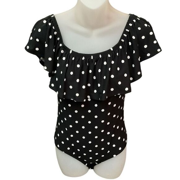 No Boundaries Bodysuit Round Elastic Neckline Black White Dots Snap Close Medium - Picture 1 of 12